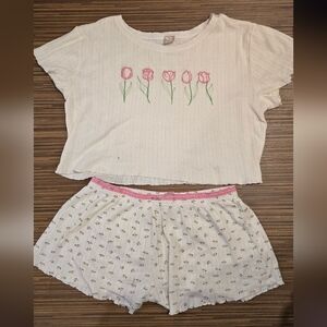 100% Cotton Messy Bun Just Chilling Cream & Pink Tulips Pointelle Loungewear PJs